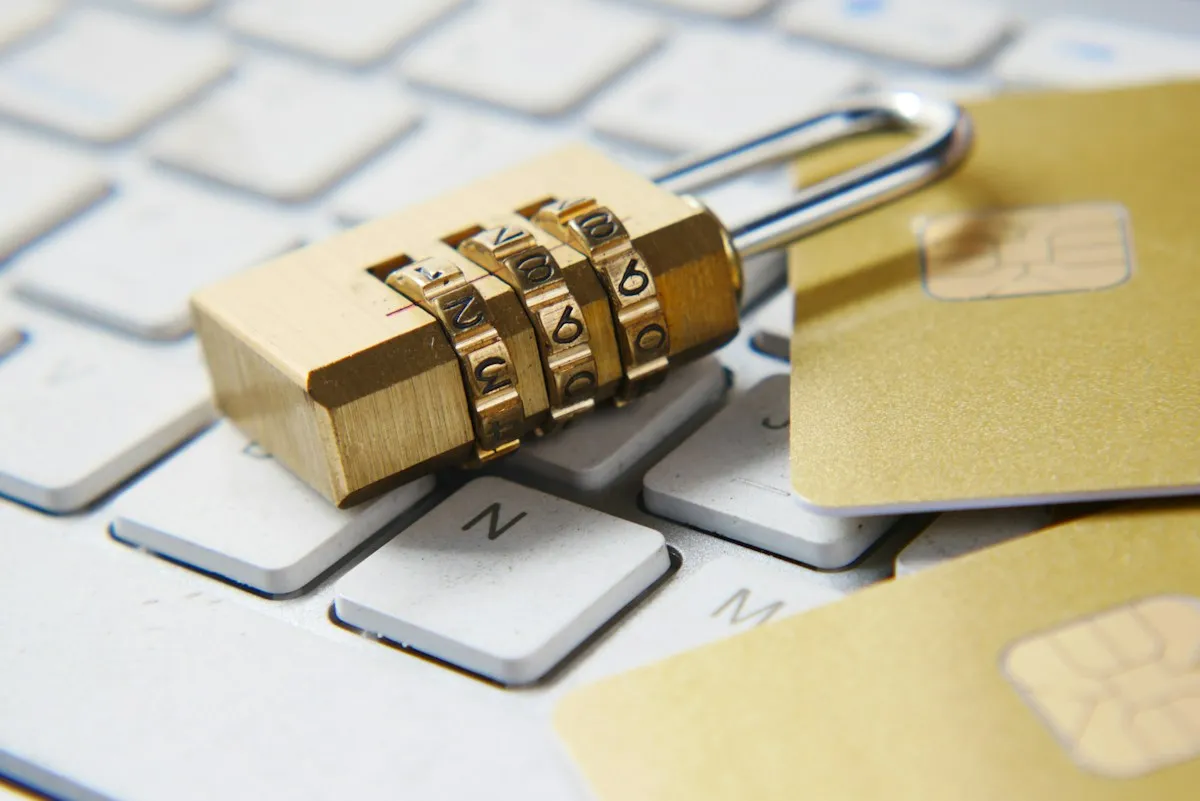 Gold combination padlock resting on a white keyboard