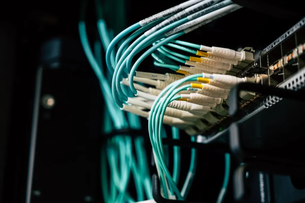 Fibre optic network cables plugged into a server switch